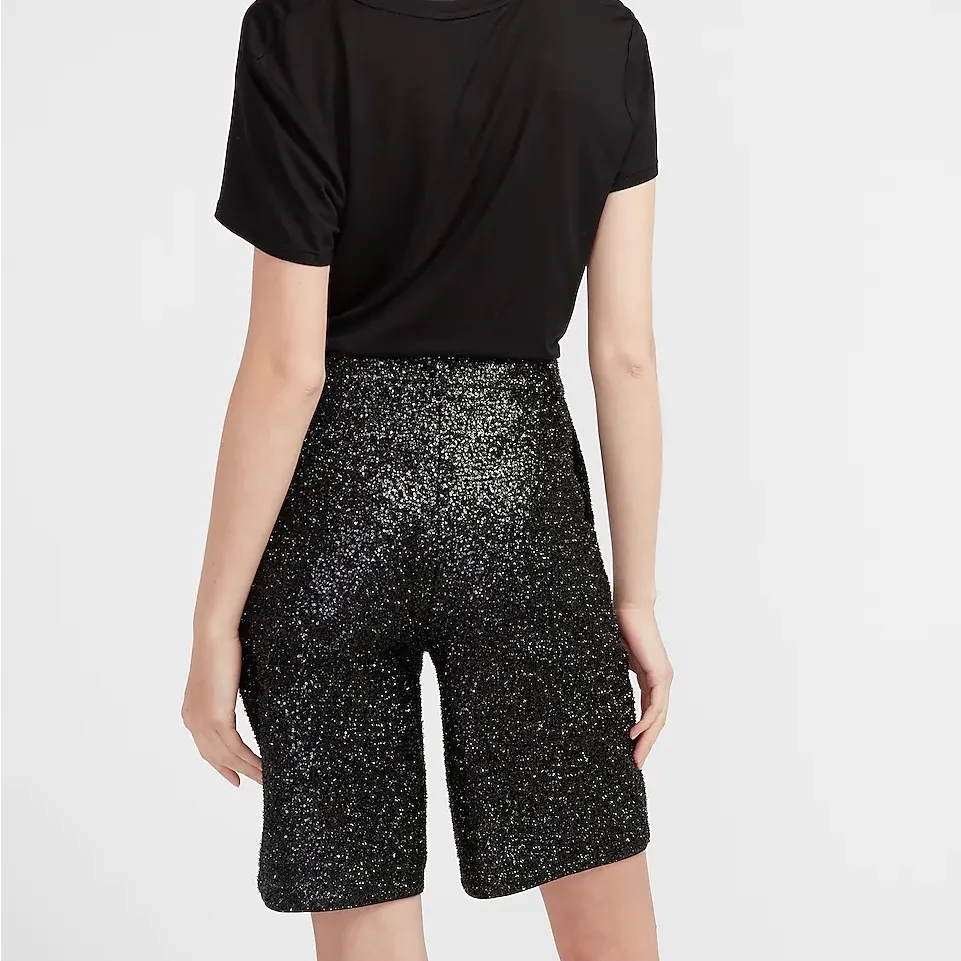 NWT EXPRESS High Waisted Sequin Bermuda Shorts SZ-2 BLACK - Image 5