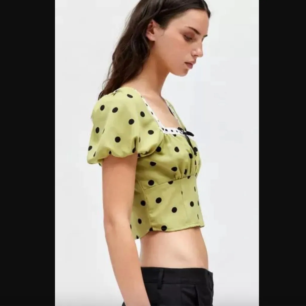 Urban Outfitters Kimchi Blue Green Polka Dot Apple Square Neck Cropped Blouse L - Image 4