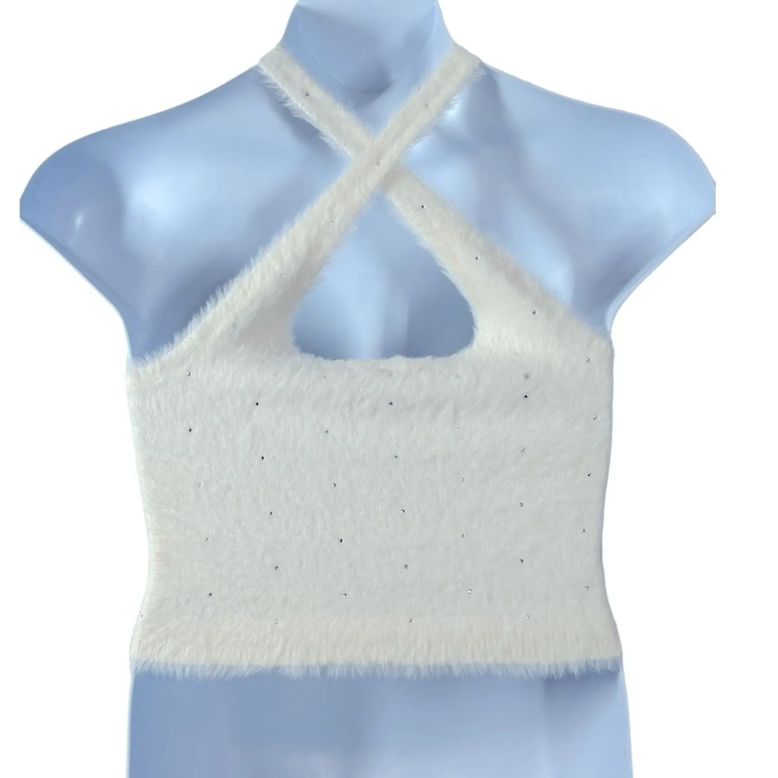 Victoria’s Secret White Fuzzy Jeweled Crop Tank Crisscross Straps Size M - Image 5