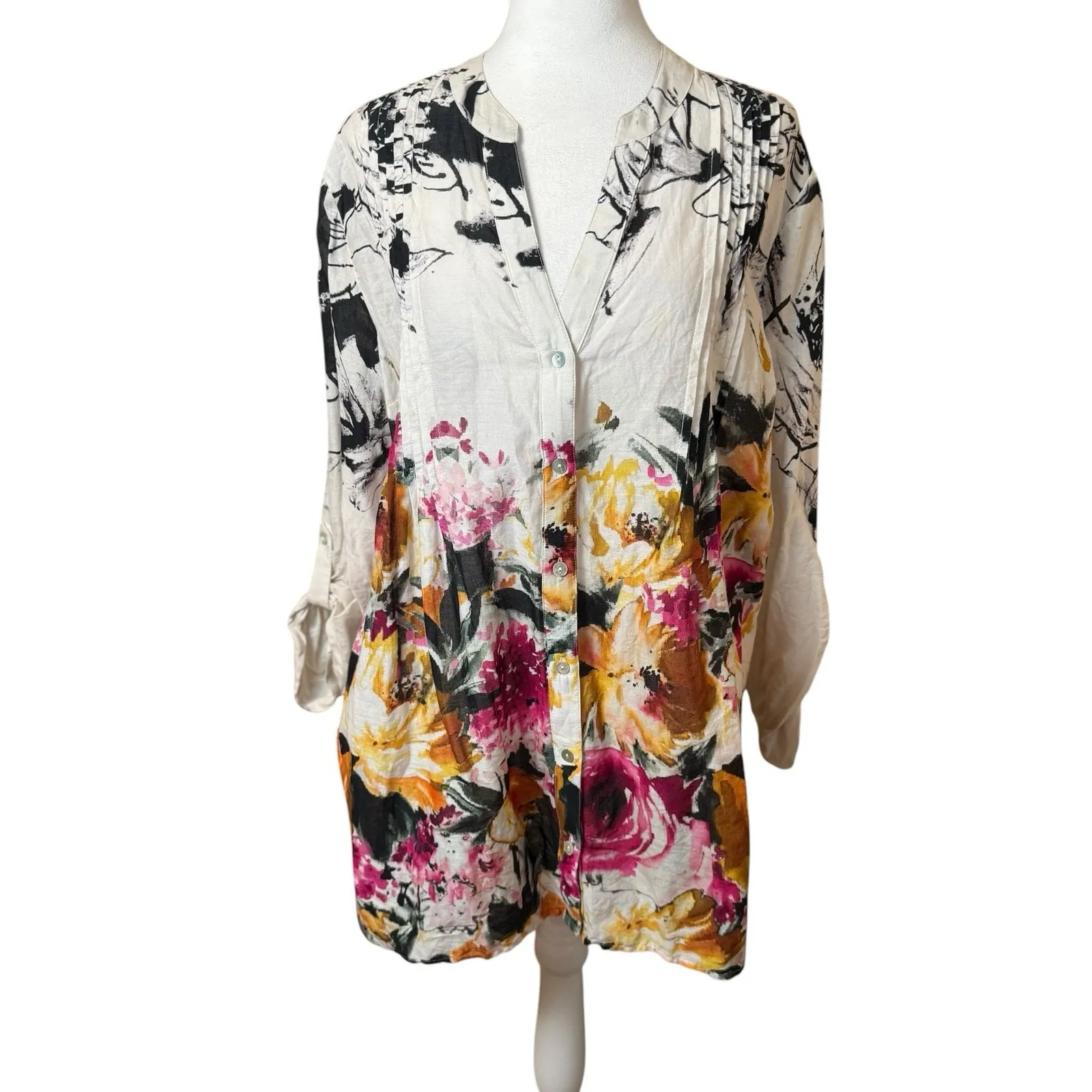 Soft Surroundings Champ De Fleurs Shirt Womens L Multi Color Floral Pleated - Image 2