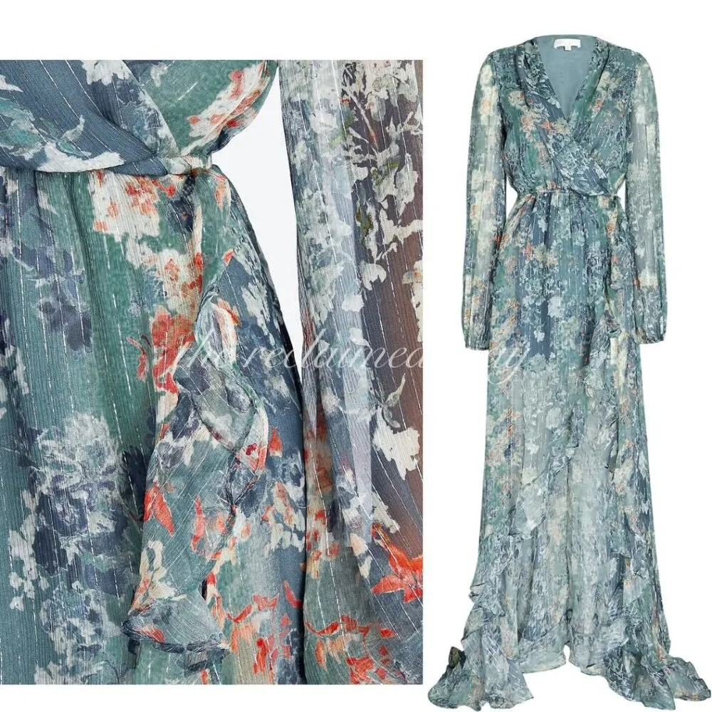 Caroline Constas Silk Vivan Floral Ruffled Georgette Maxi Gown Dress Slate Ombre Green Size XS - Image 3