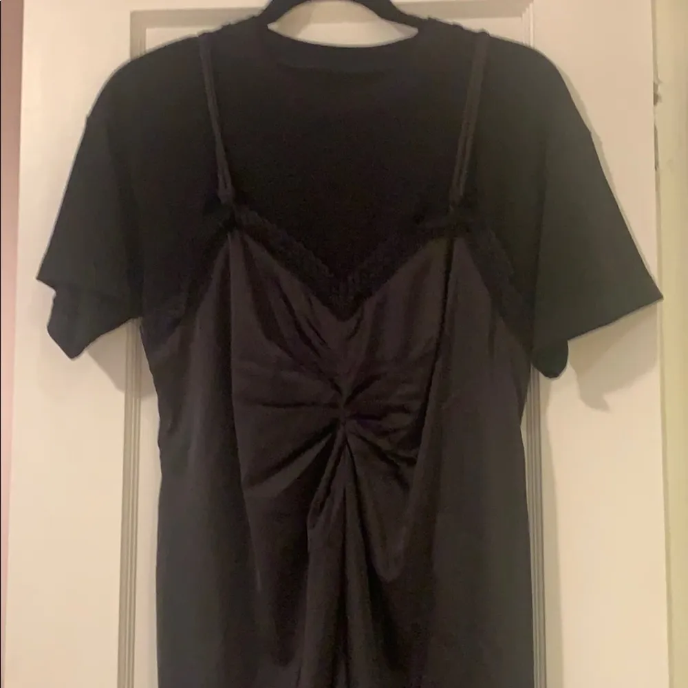 Silk cami dress with black crew neck underneath Size 6 - Image 2