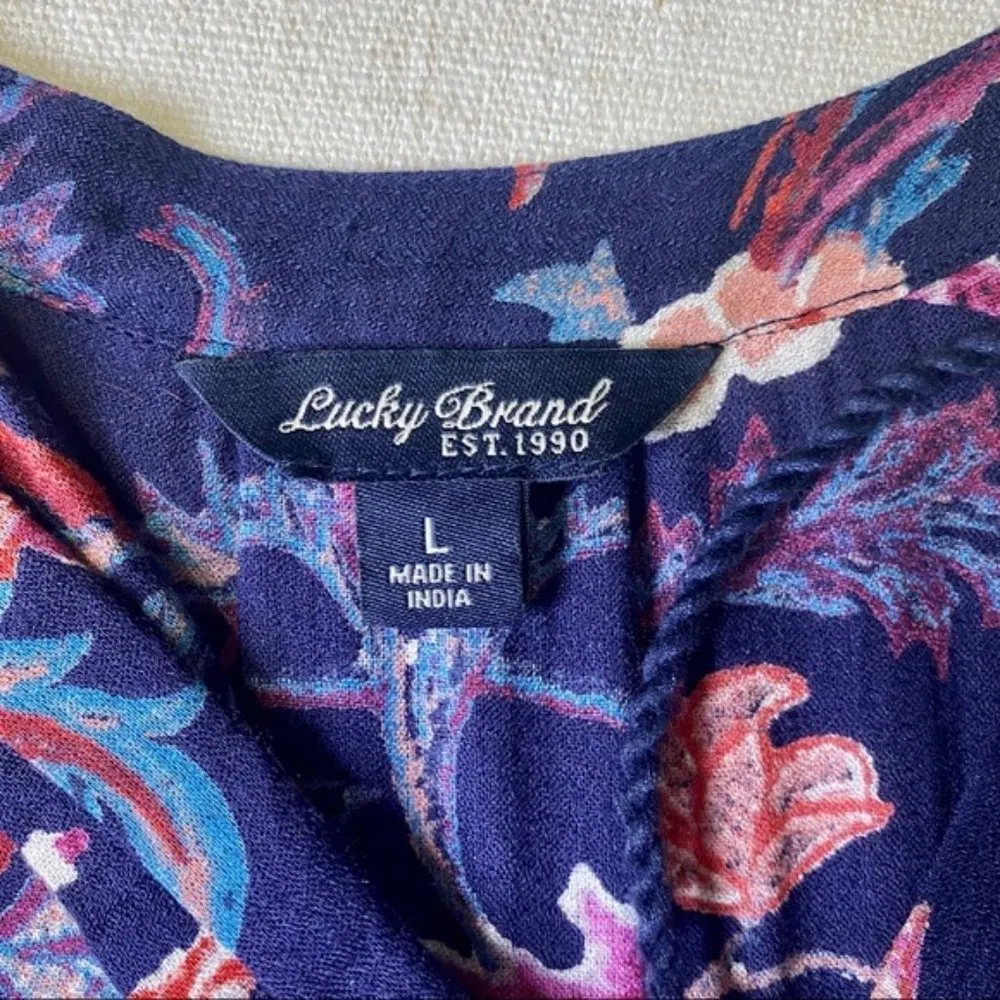 Lucky Brand Navy Blue Floral Printed Long Sleeve Peasant Blouse Top Large - Image 9