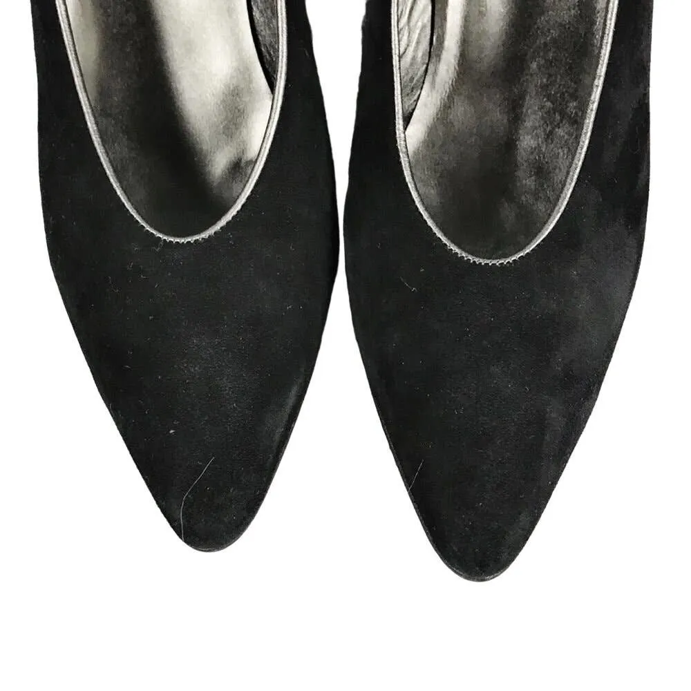 PETRA Black Pumps Suede Silver Leather Trim Cone Heels Almond Toe Italy 7.5 EUC - Image 6