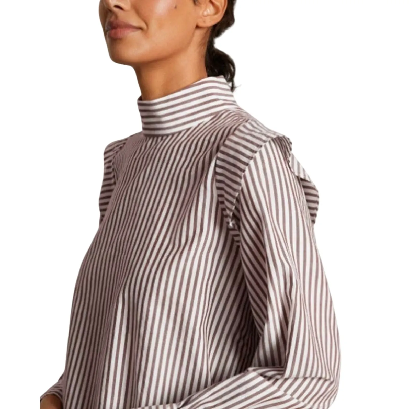 NWT EVERLANE Striped Wing Shoulder Bishop Sleeve Stand Collar Top - Image 3