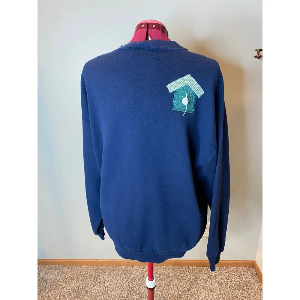 sweatshirt Vintage appliqué snowmen birdhouses broom Blue Size L - Image 6