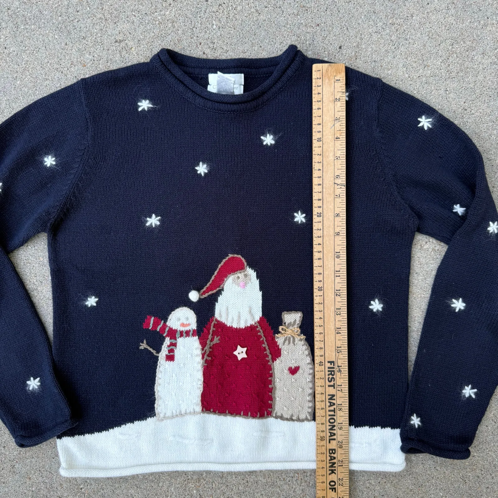 Vintage Y2K 2002 Christopher and Banks Folk Art Santa Snowman Applique Sweater S Blue - Image 5