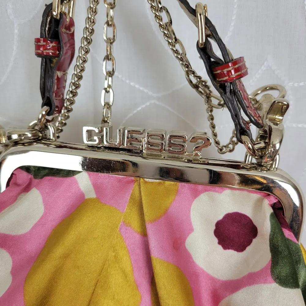 Guess Satin Handbag Small Purple Pink Floral Spell Out Alligator Leopard Chain - Image 6