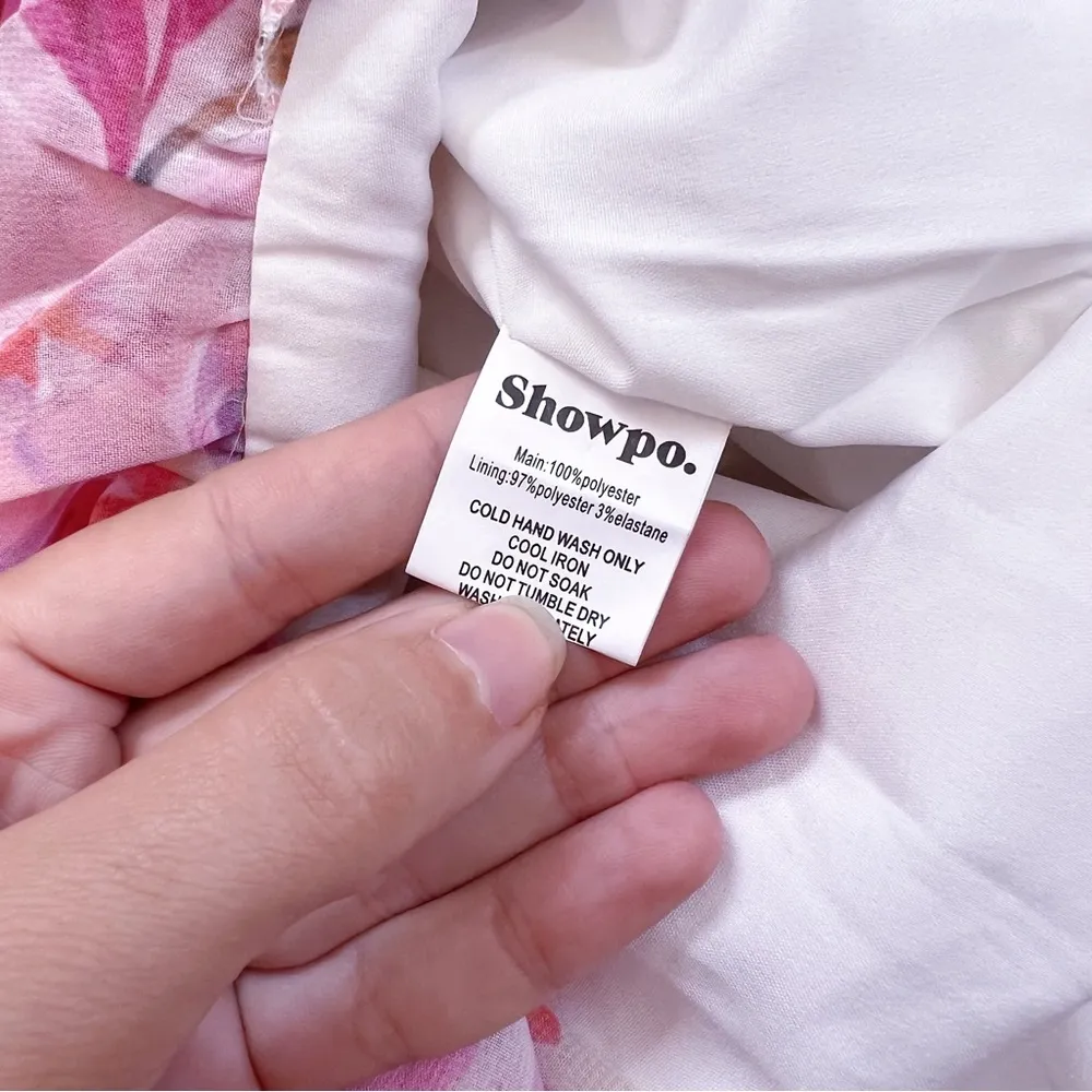 Showpo • Arwyn Dress mini pink floral chiffon ruched Eventful Bloom puff sleeve - Image 9