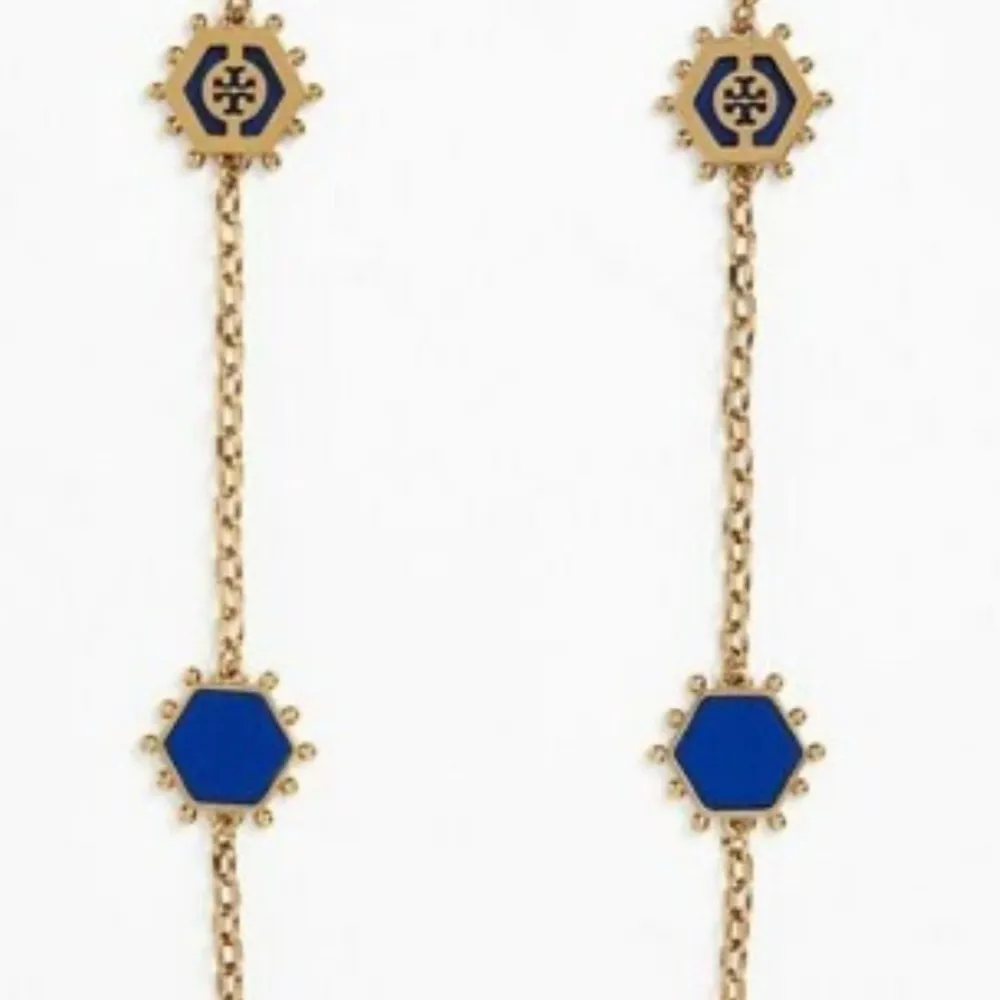 New Tory Burch 'Caroline' Long Logo Station Necklace; Gold/Blue Enamel MSRP $195 - Image 8