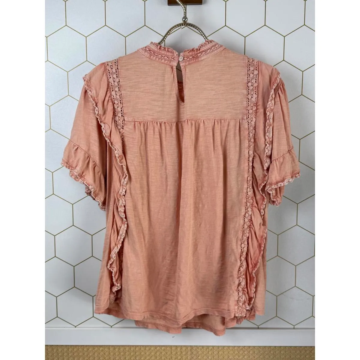 Free People Le Femme Ruffled Cotton Coral Blouse - Size - Large - Image 5