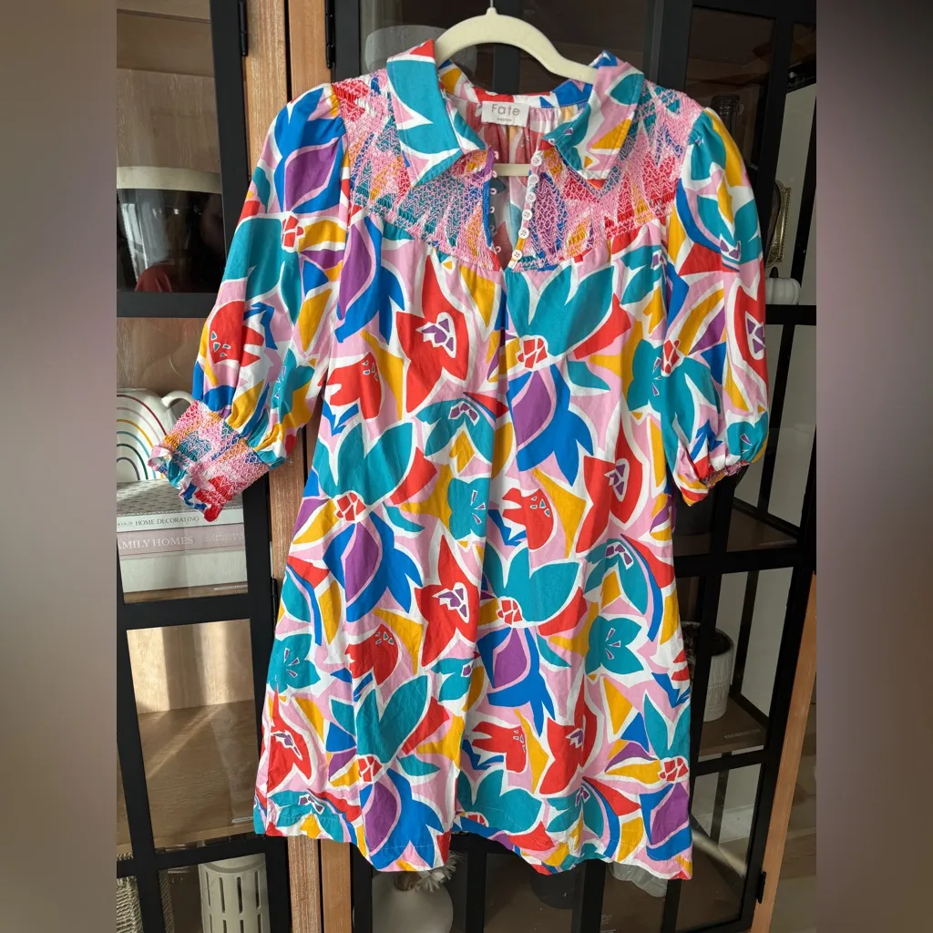 Fate smocked mini dress colorful print collar pockets 3/4 long sleeve floral Pink Size M - Image 5