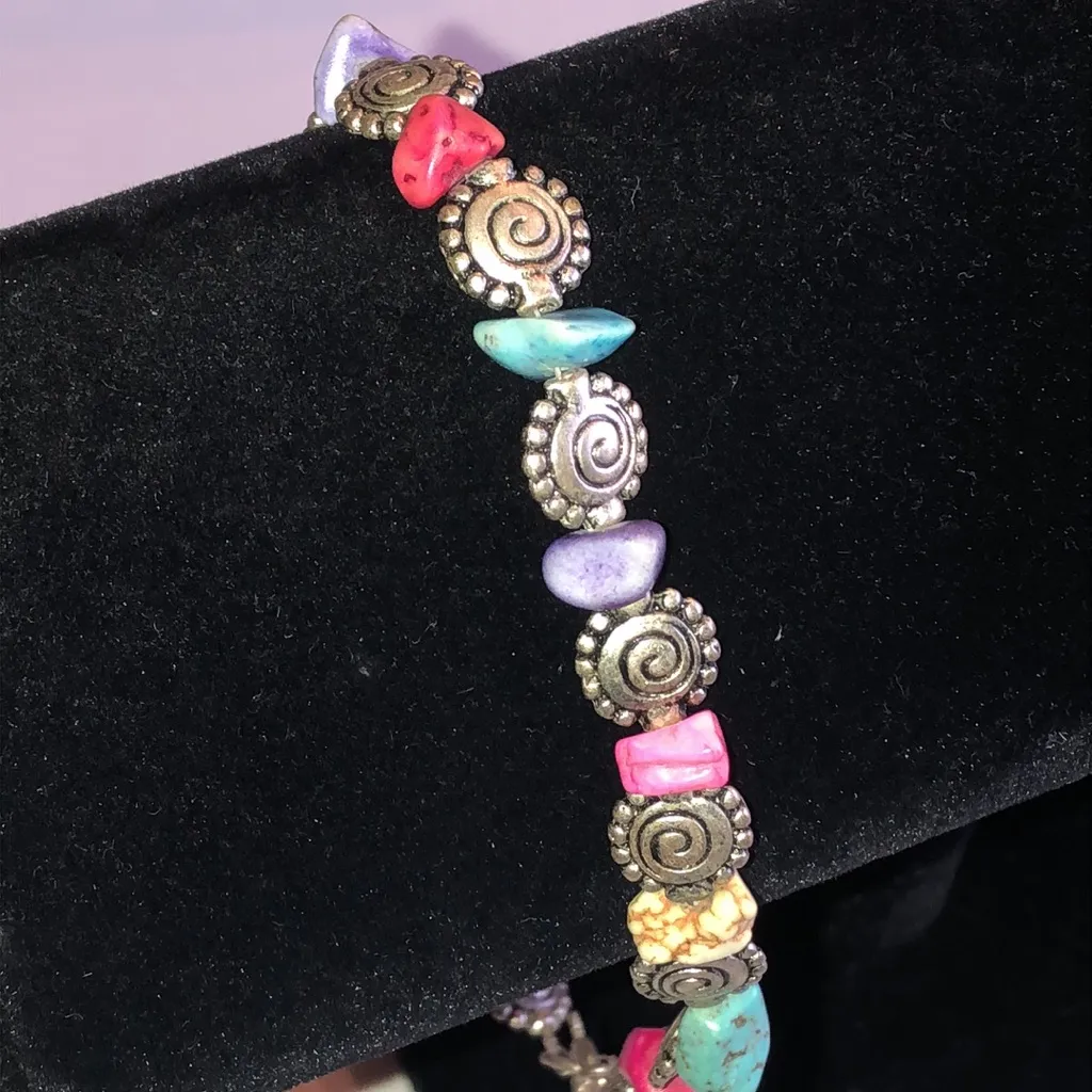 925 Sterling Silver Multicolor Semi Precious Stone Beaded Boho Ankle Bracelet Pink - Image 2