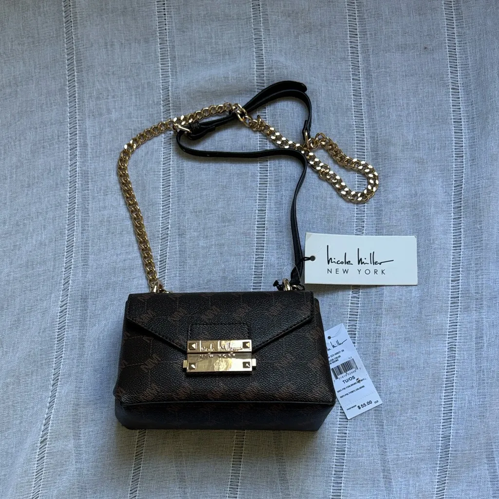Nicole Miller NWT faux leather crossbody chain brown logo purse - Image 2