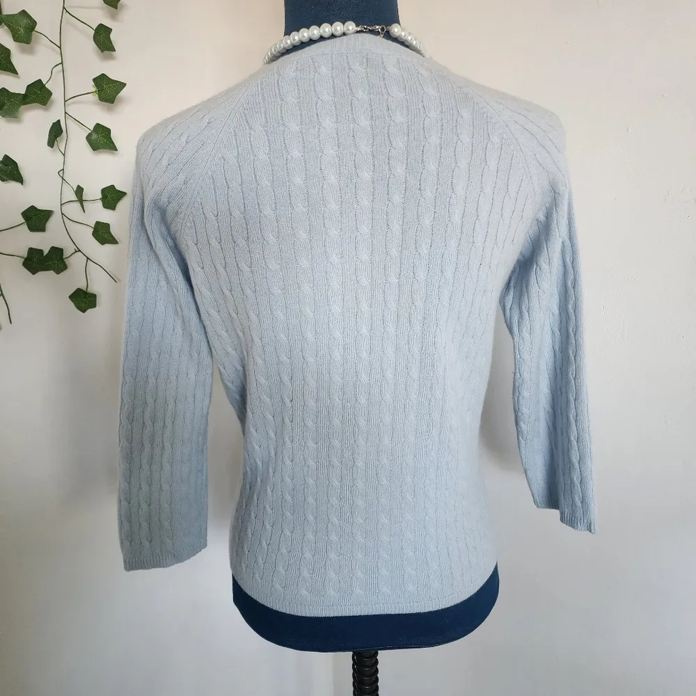 Lord & Taylor Two Ply Cashmere Powder Blue Cable Knit Crewneck Sweater - Image 5