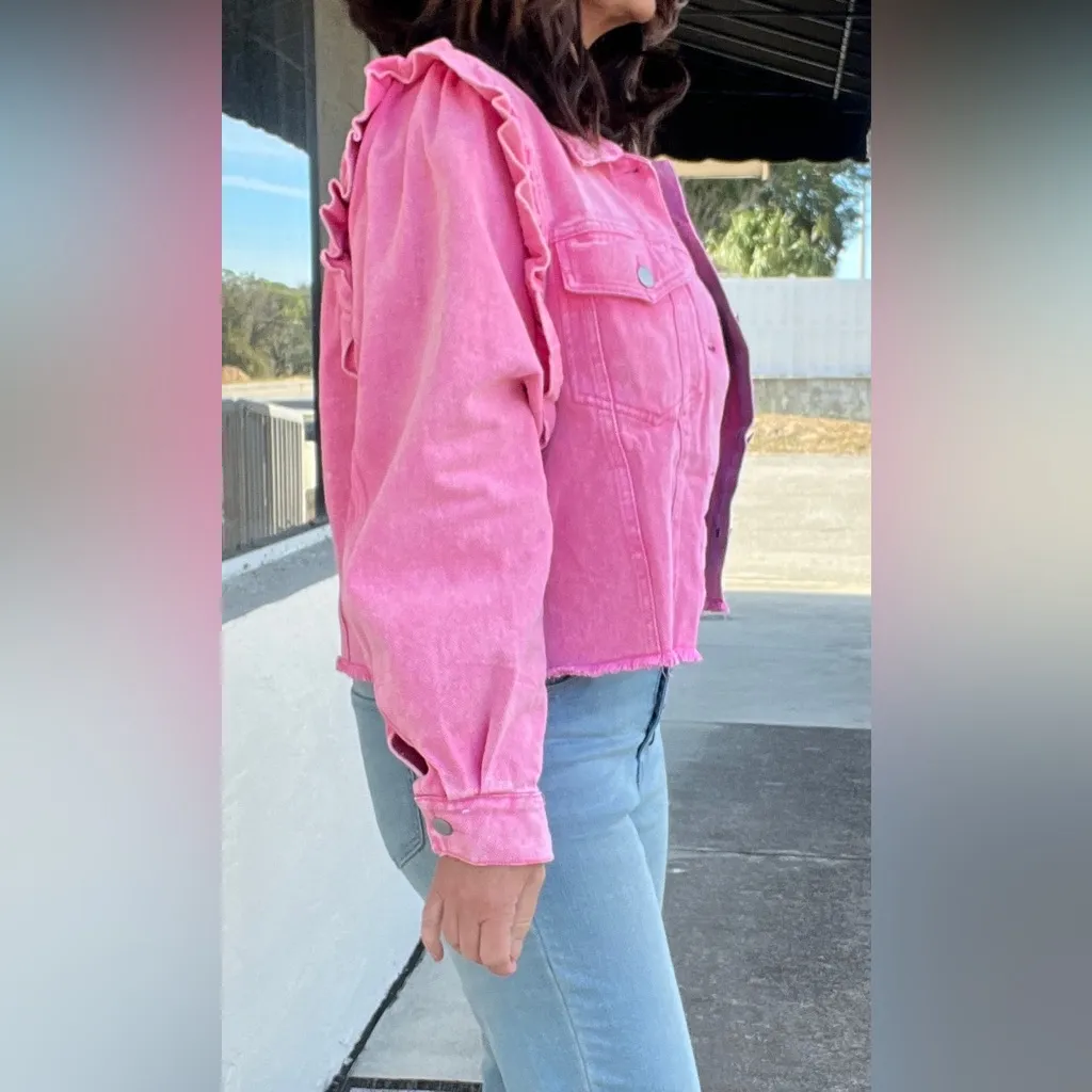 Bibi Pink Ruffle Denim Jacket Cropped NWT Size Large - Image 5