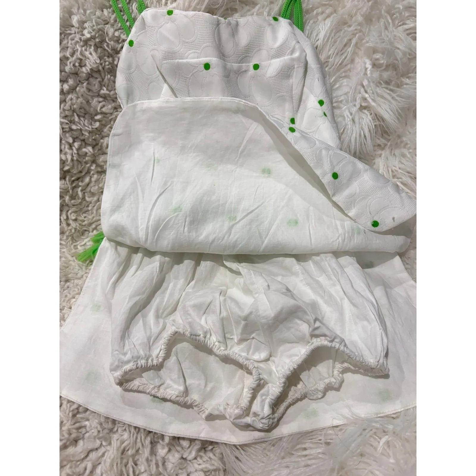 GABAR Vintage 70s White Green Dots Belt Tassels Flower Bathing Swimsuit Fits XS - Image 8