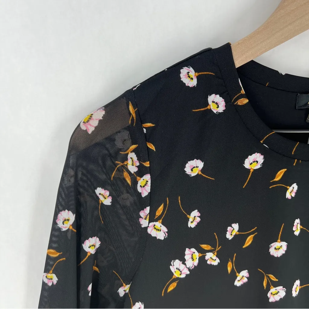 AFRM Noir Spring Floral Sheer Mesh Tiered Long Sleeve Mini Babydoll Dress Size M Black Size M - Image 5