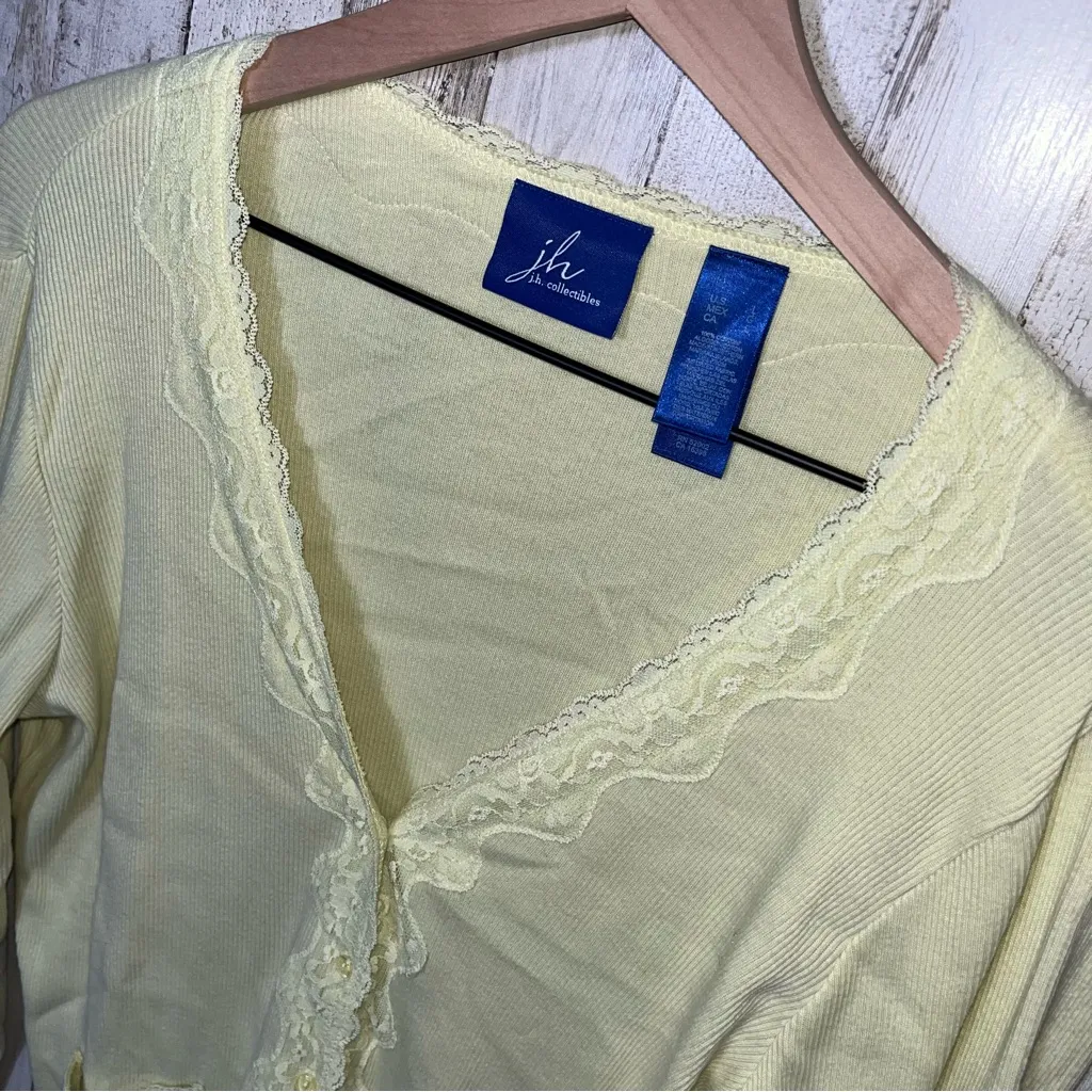 Vintage Y2K J.H. Yellow Green Lace Ribbed Button Cardigan Sweater Womens Large‎ - Image 3