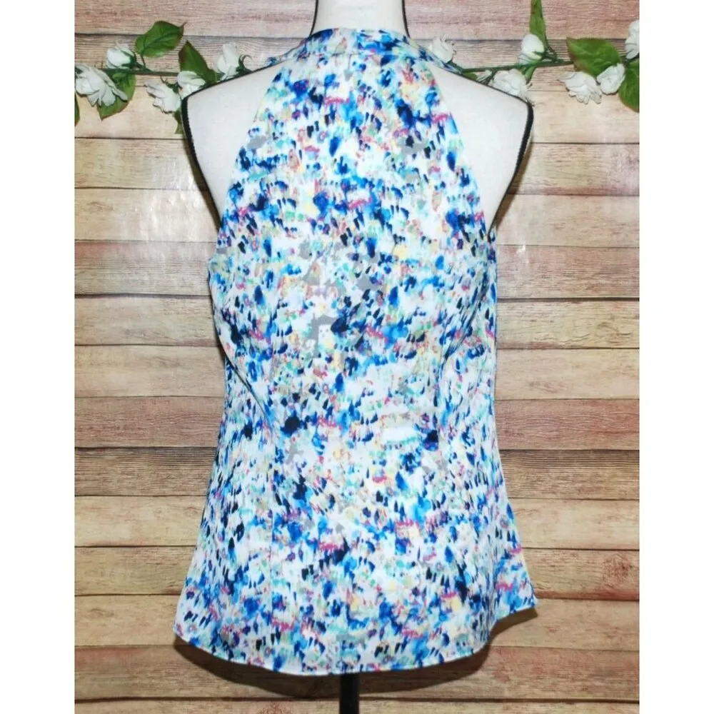 Ann Taylor Blue Ladies Sleeveless Blouse Top Size 10 Ruffle Side Zipper V-Neck - Image 8