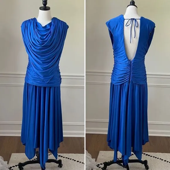 Vintage 80s JC Penney Midi Cocktail Dress Cobalt Blue Open Back L Size L - Image 2