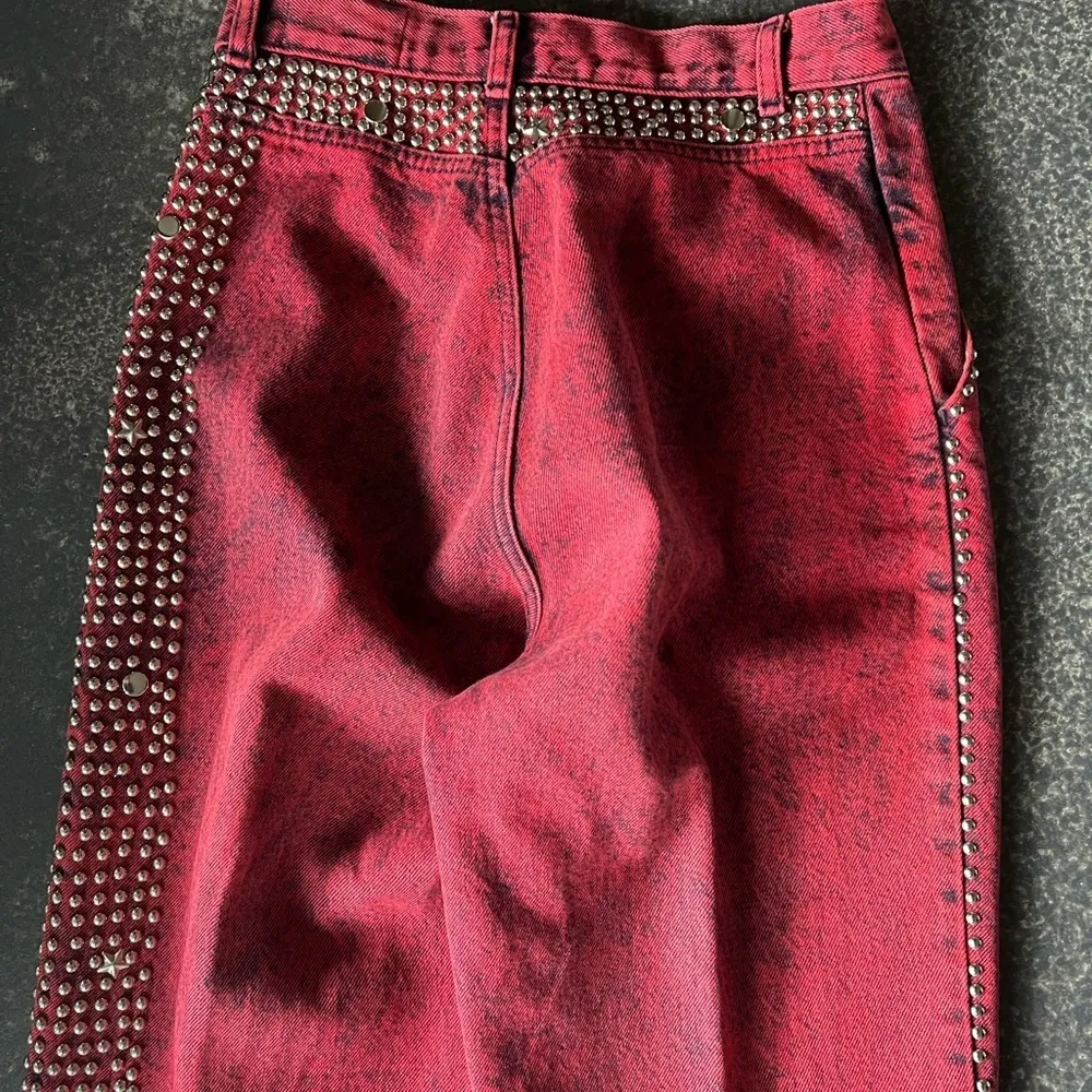 Vtg 80s Red/Black Acid Wash Jeans Womens High Waisted Embellished 7/8 USA NFR Red - Image 8