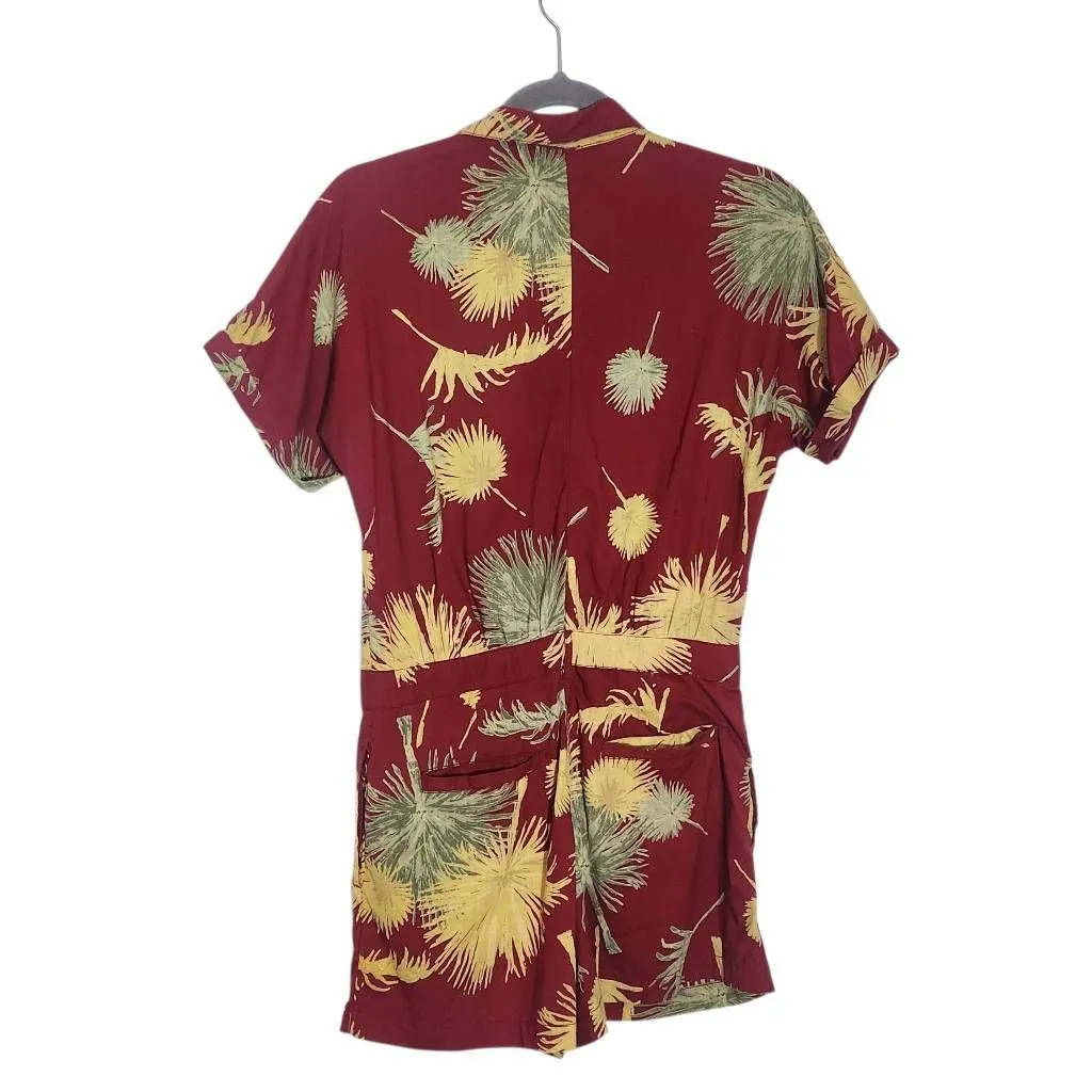 Free People Burgundy Tropical Print Short Romper Size XS Red and Gold Romper - Image 2