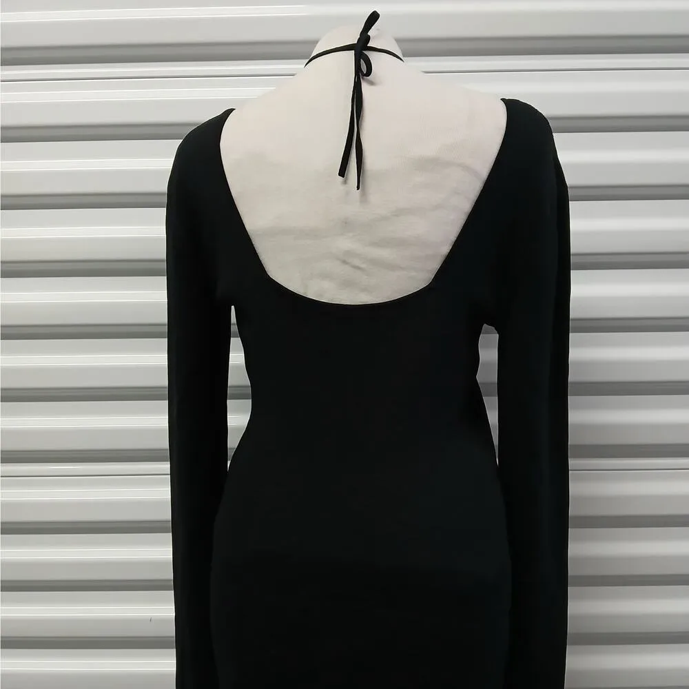 Massimo Dutti Knit Dress Women's Large Black Midi Halter Stretch Party Wedding - Image 4