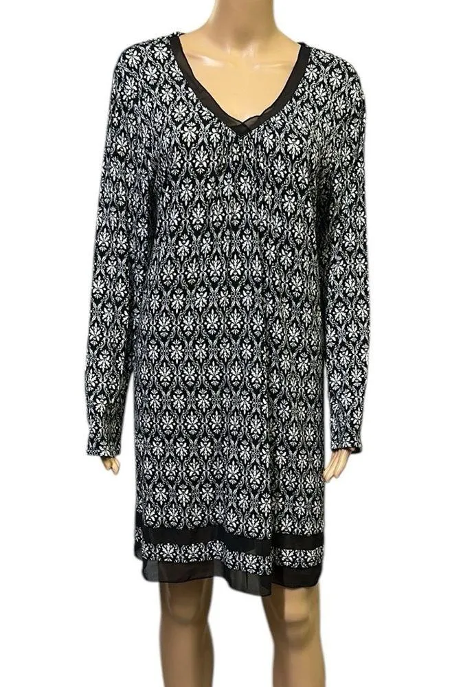 Anne Klein Black White Rayon Spandex Lightweight Long Sleeve V Neck Dress Large - Image 2