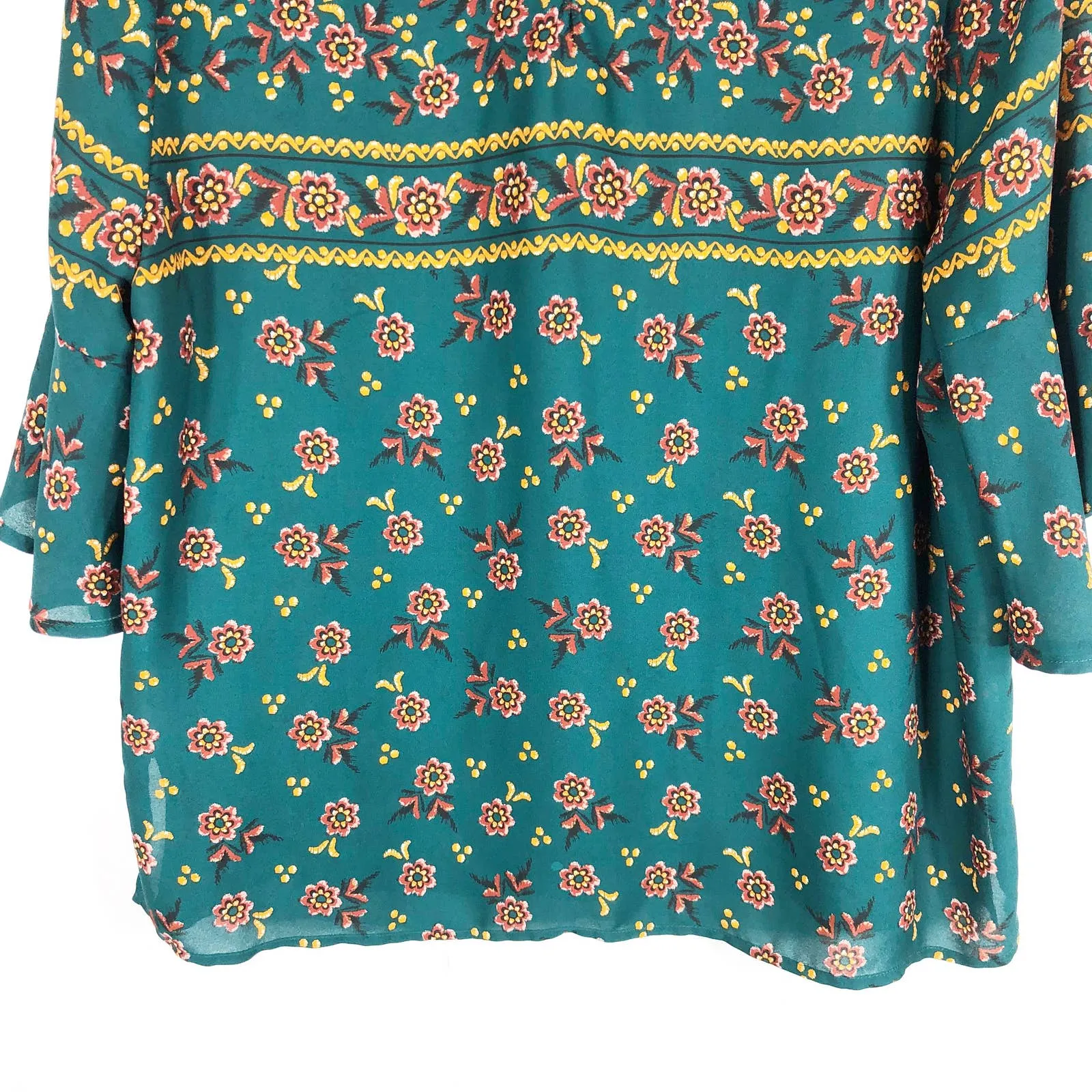 New Directions Large Top Green Floral Bell Sleeve Chiffon Yellow Red Boho 1172‎ - Image 9