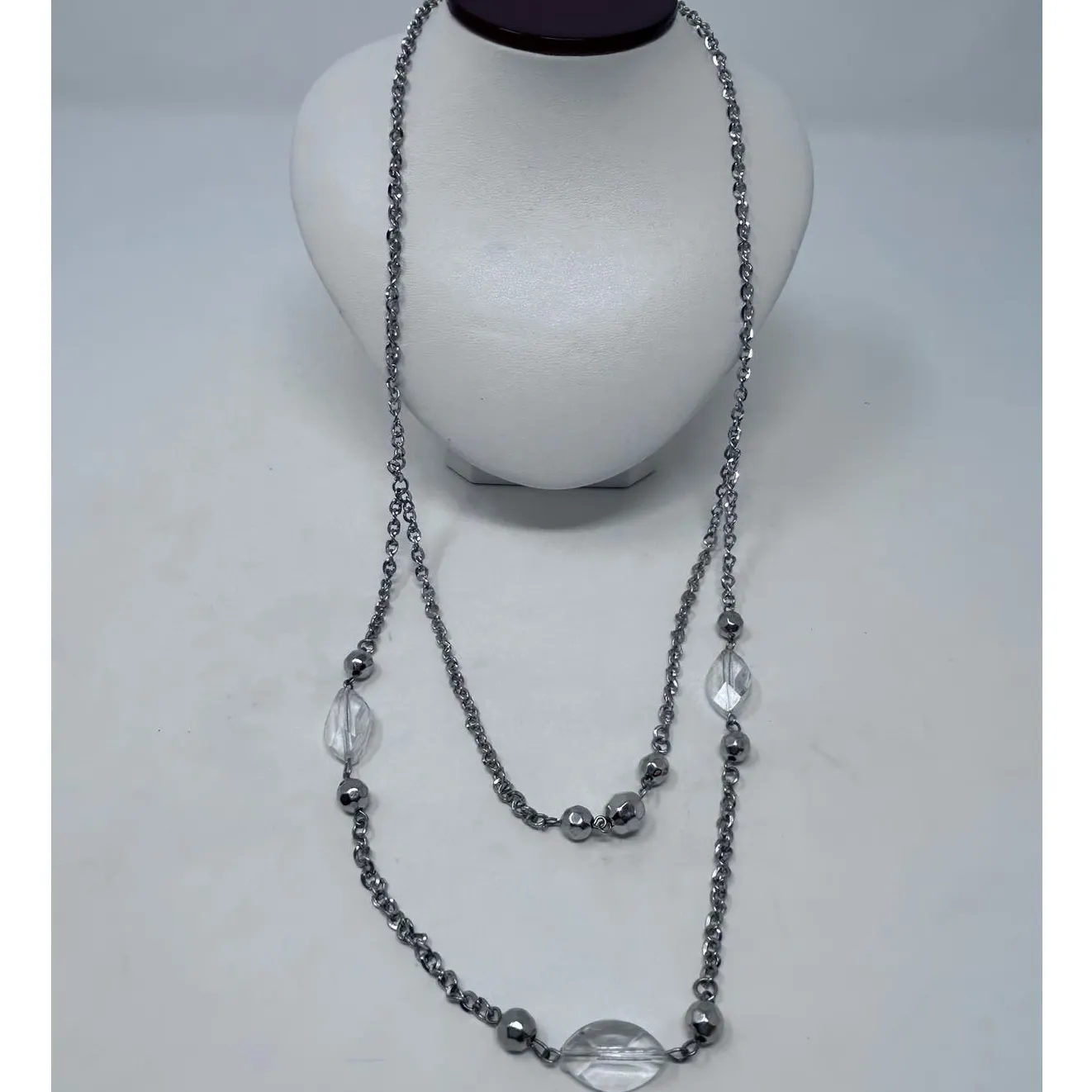 Double Silver Blouse Necklace Clear and Silver Beads 14 1/2"‎ Long - Image 3