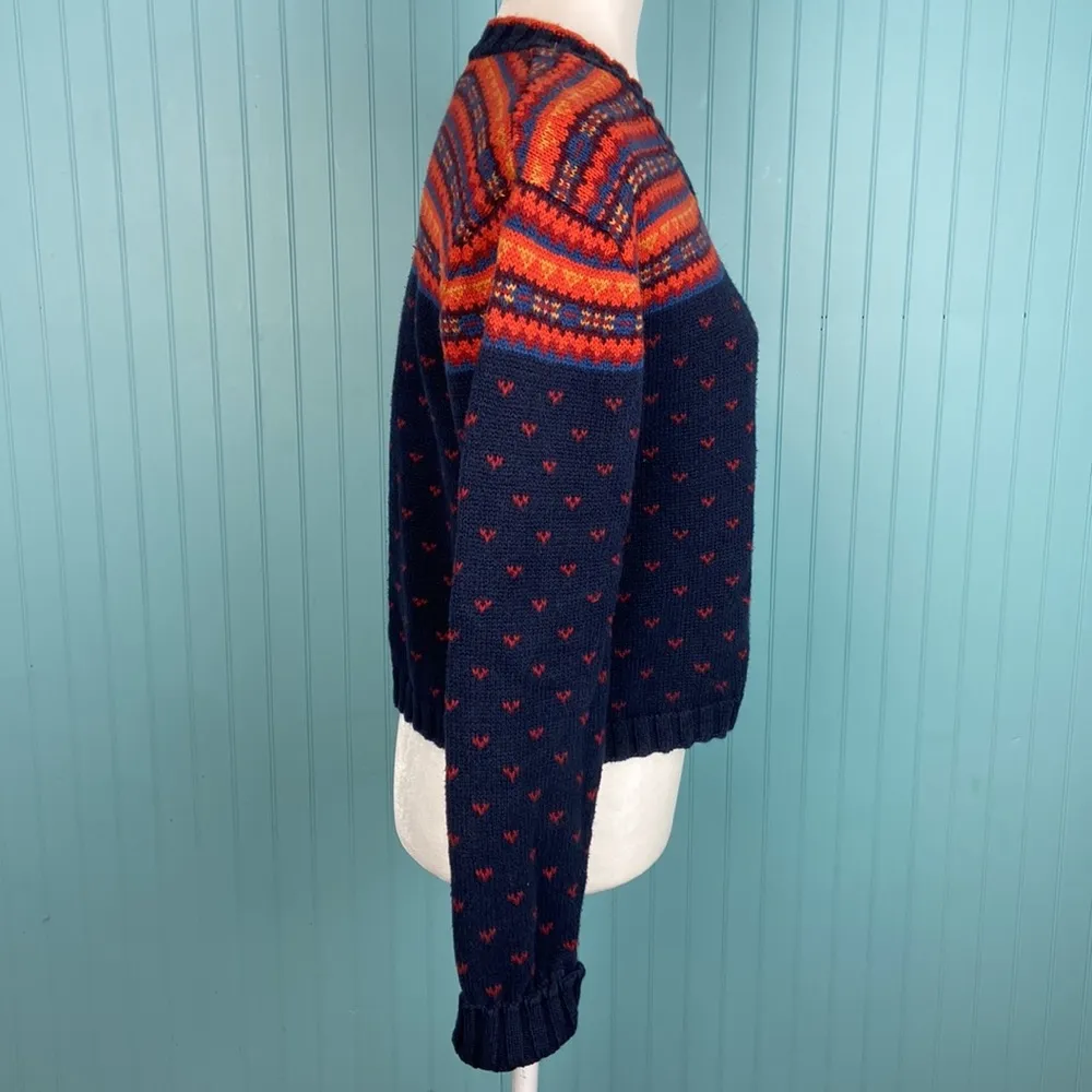 Vintage Paris Sport Club Fair Isle Teal Knit Cropped V Neck Sweater Size Large - Image 7