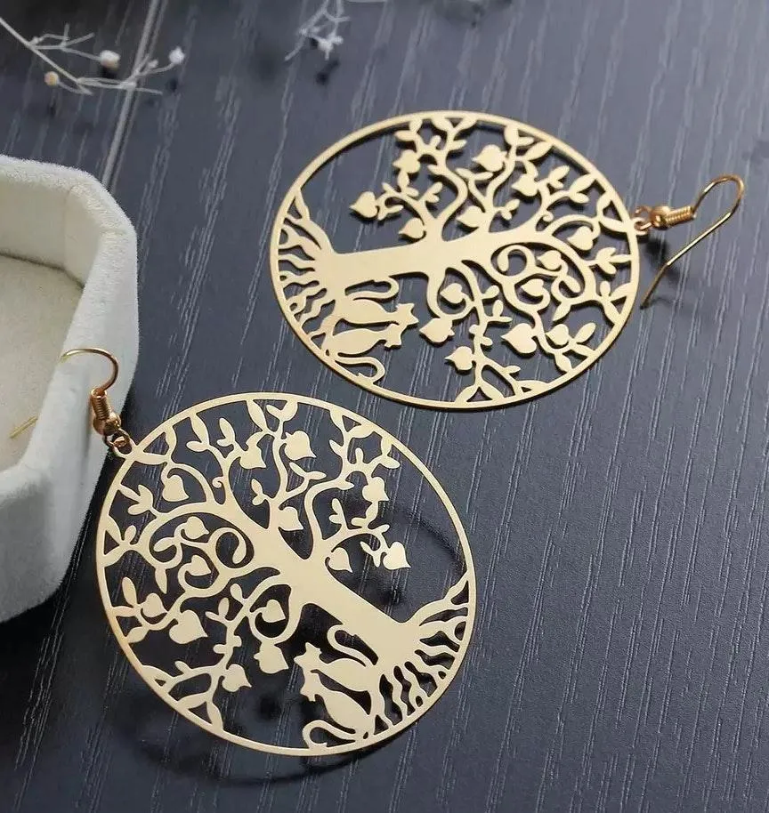 Hollow Heart Tree Kitty Cat Couple Dangle Earrings Gold - Image 2