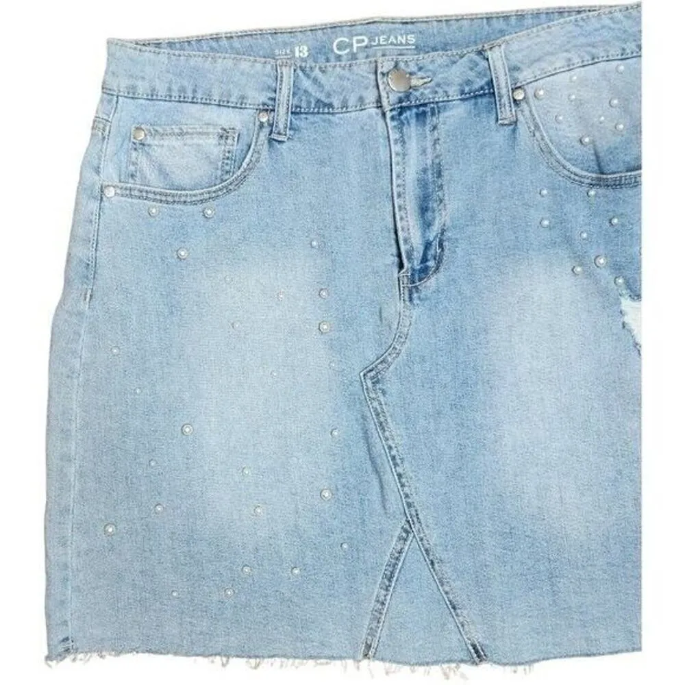 CP Jeans Womens 13 Light Wash Denim Mini Skirt Distressed Pearl Raw Hem Summer Blue Size undefined - Image 9