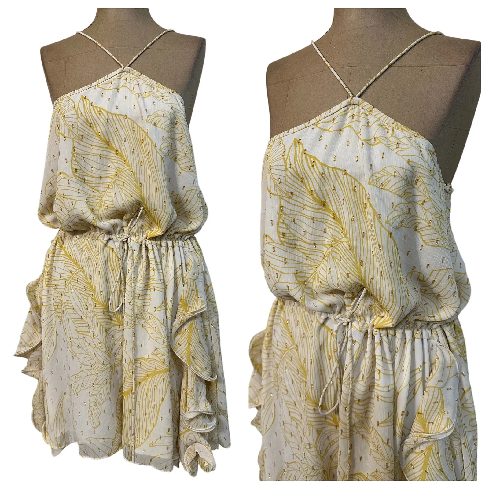 ALEXIS Mini Dress Asia Butter Yellow Georgette Halter Ruffle Trim Rosette - Image 4