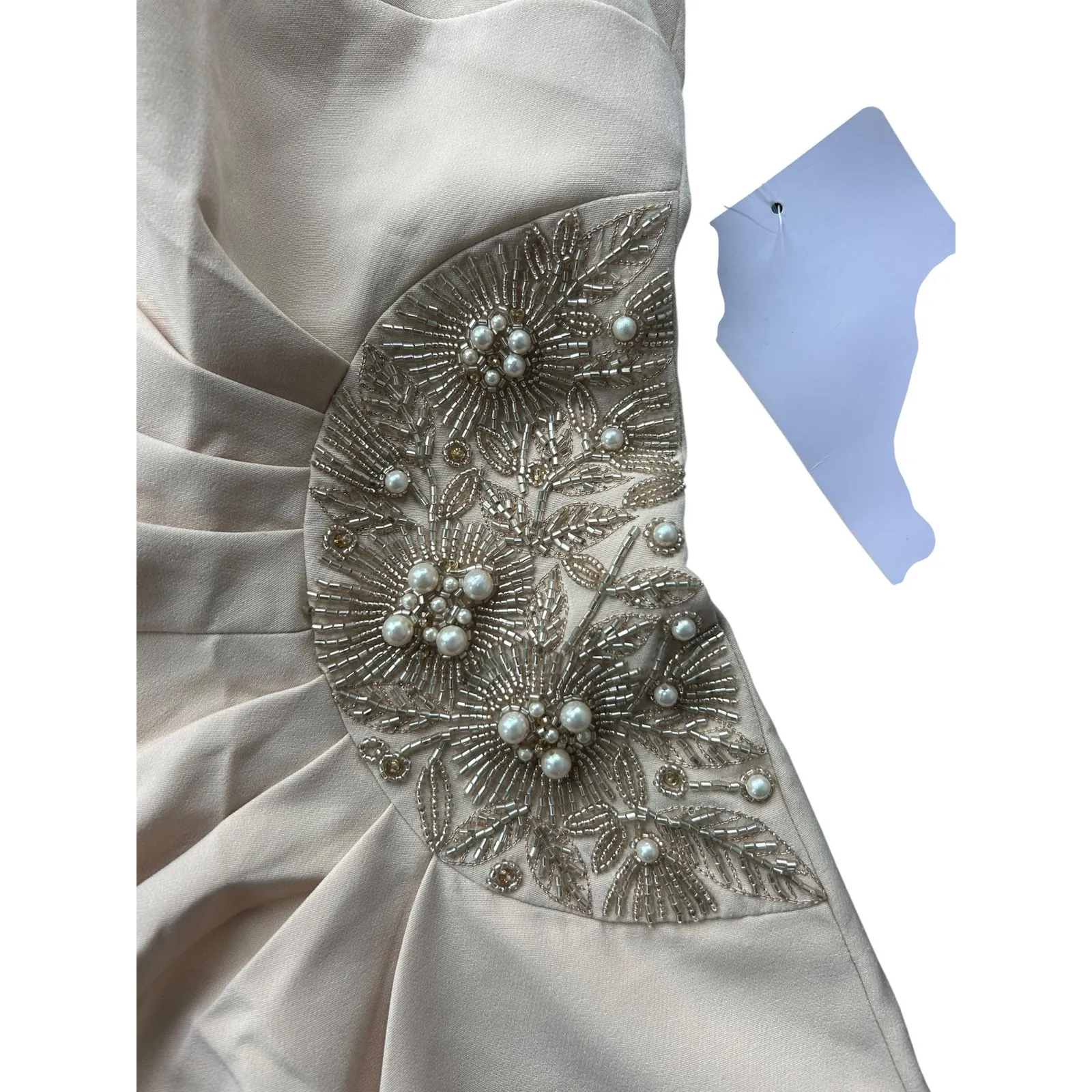 JS Collection Ashley Draped Column Gown Champagne Beaded Formal Dress Sz 12 NWT Gold - Image 10