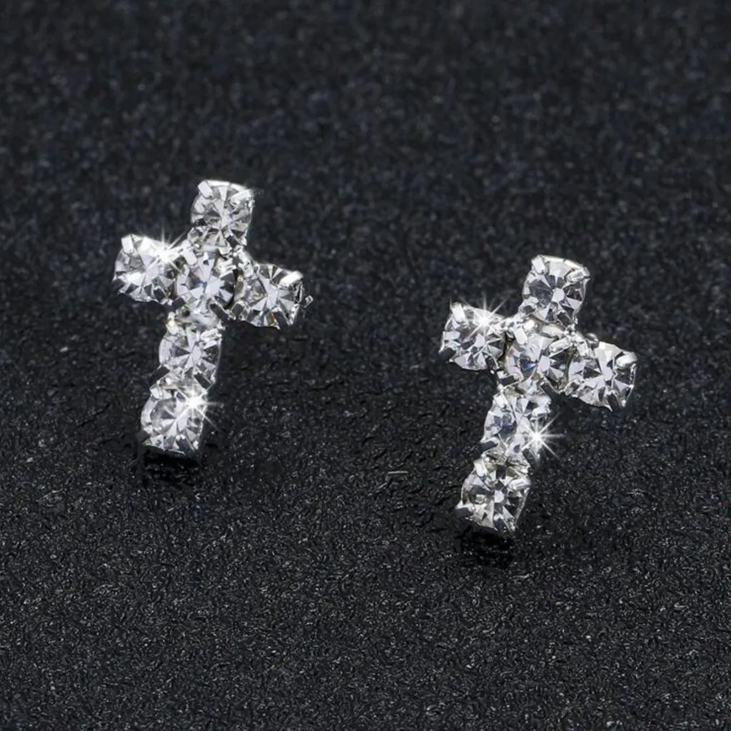 Sparkling Silver Cross Earrings - Image 2