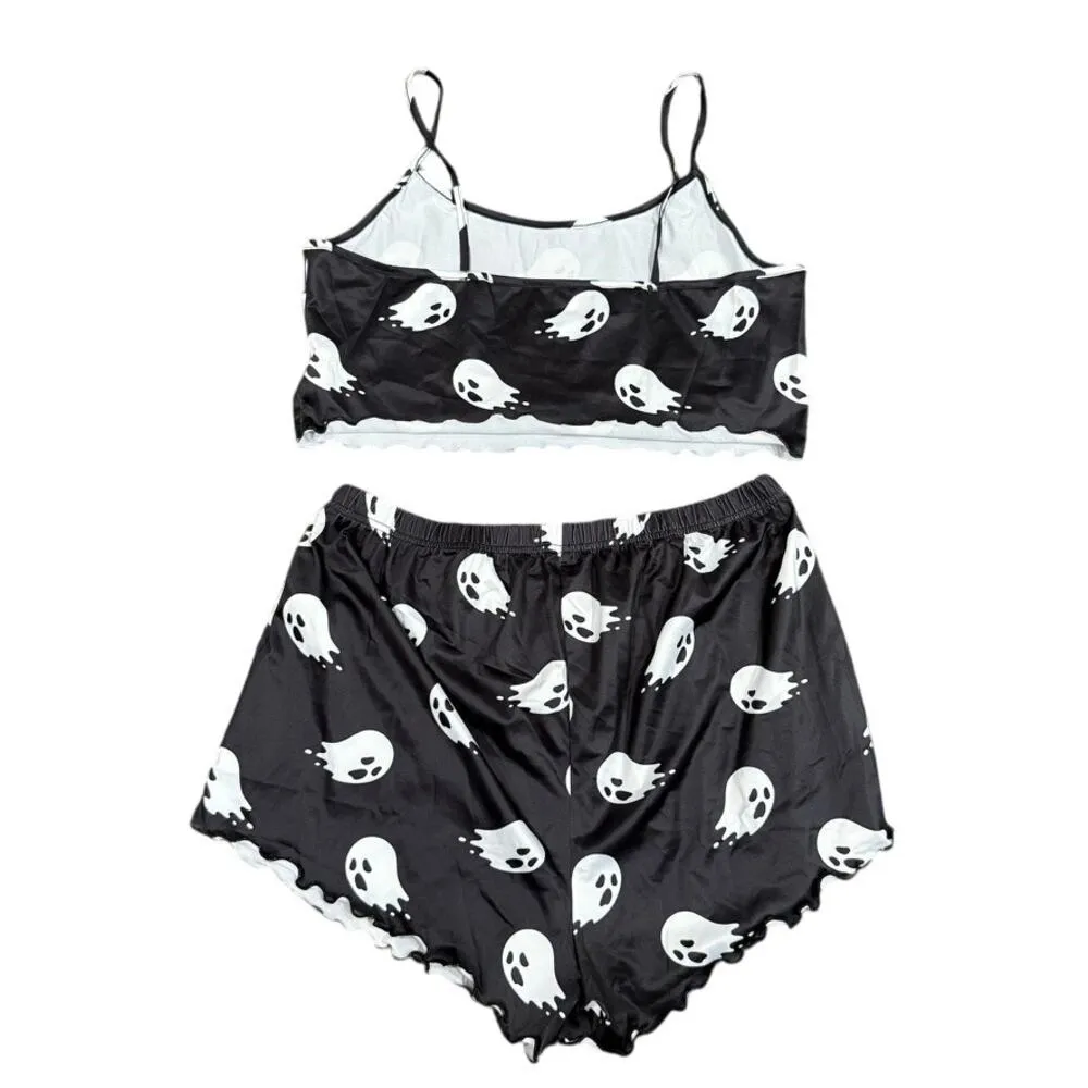 Woman's 2 Piece Ghost Graphic Pajama Short and Top Set in Black, Size XL​ - Image 2