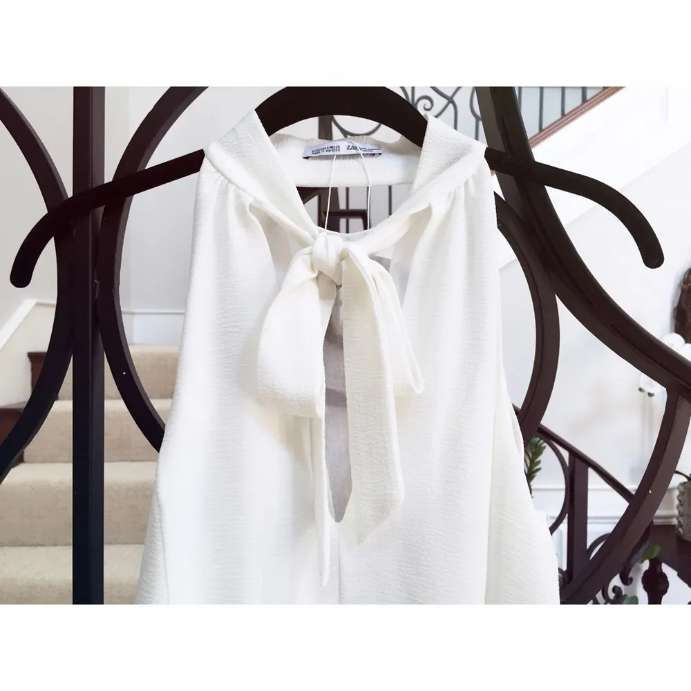 Zara Flowy Tank Top Blouse White Small Tie Neck Ribbon - Image 2