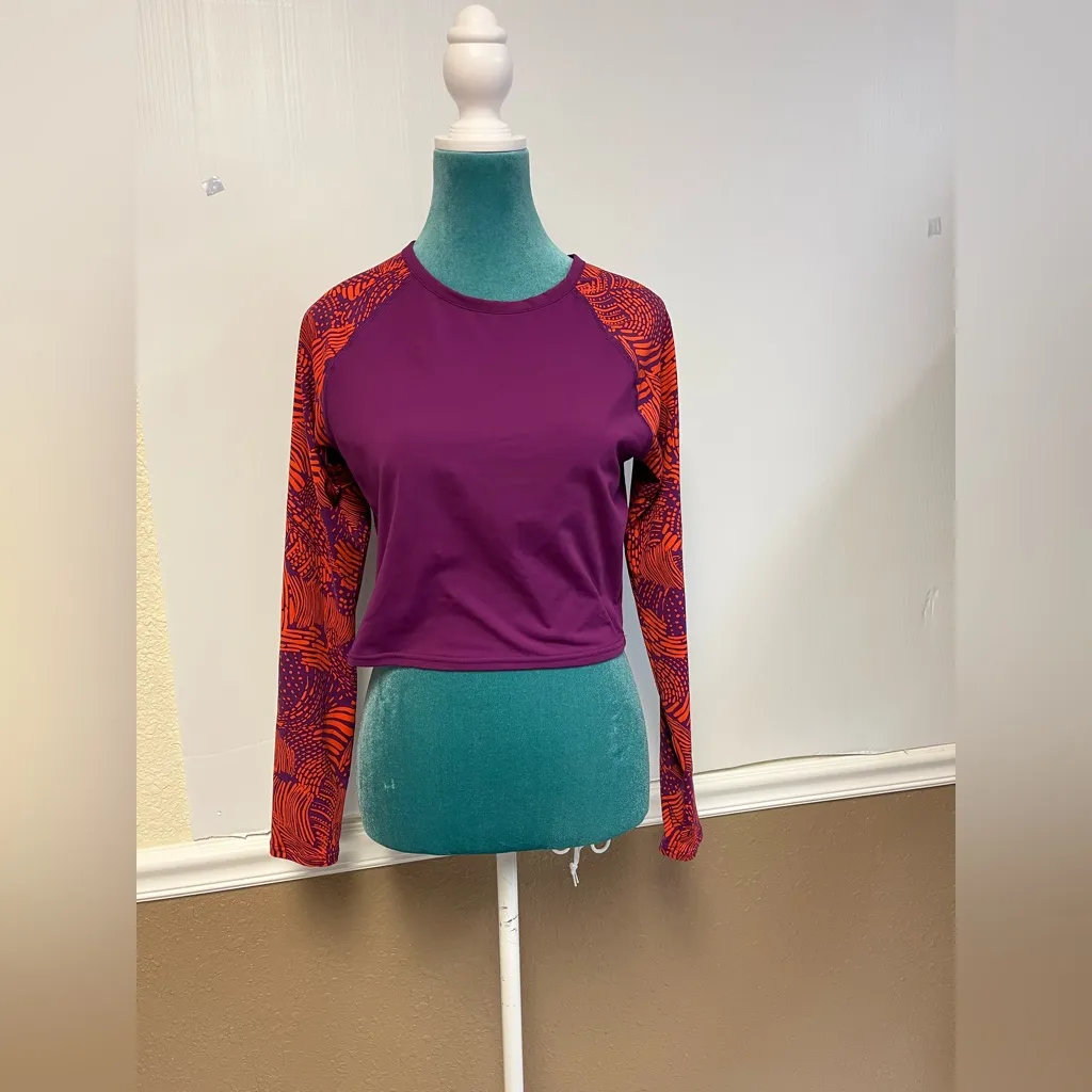 Garnet Hill Fuchsia Colorblock Cropped‎ Rashguard – Size S UPF 50+ Swim Top - Image 2