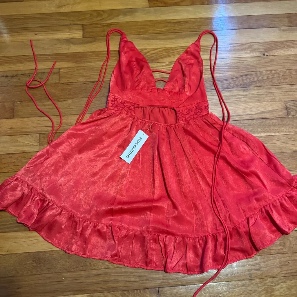 urban outfitters red satin dress with star details and an open back - Image 7