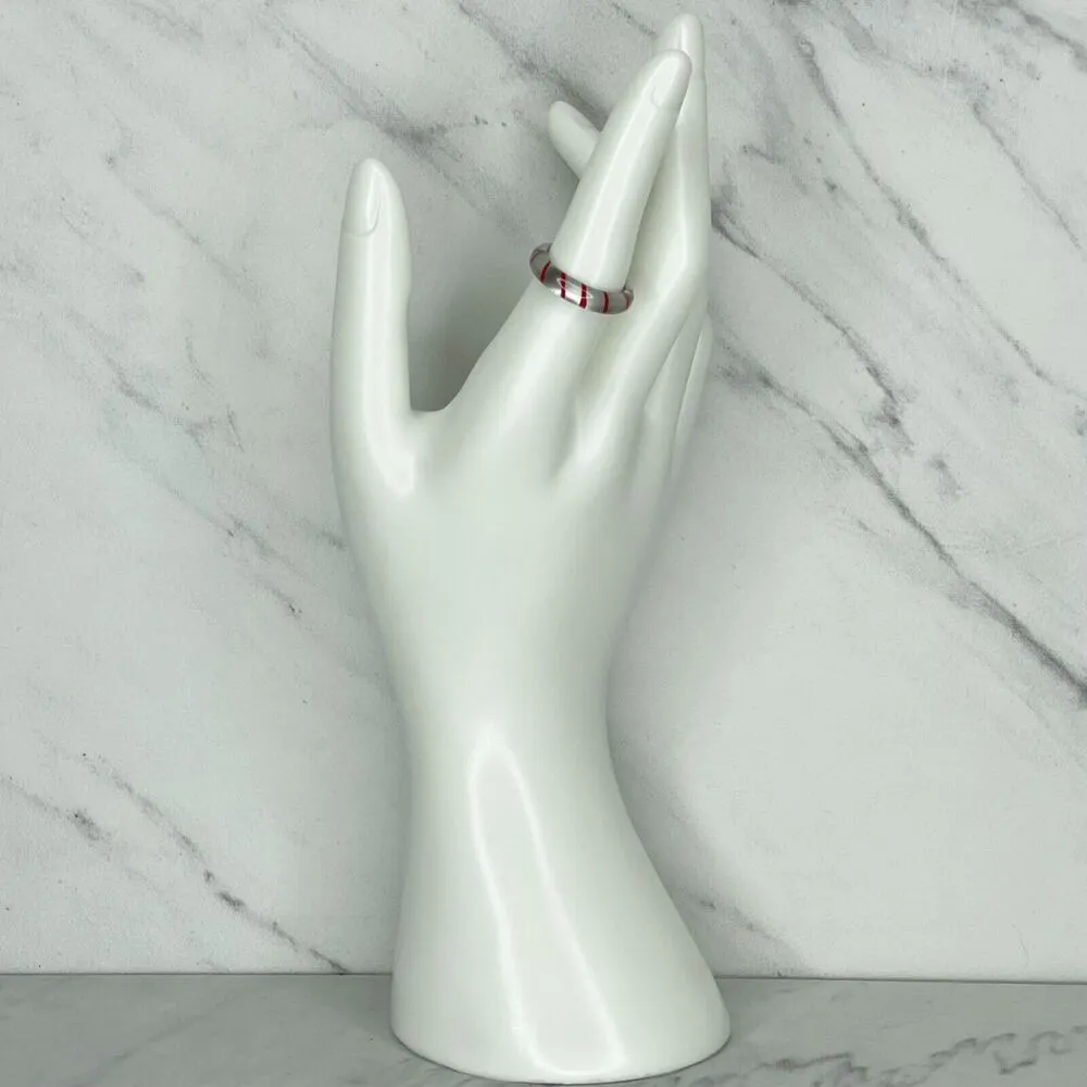 Clear Silver Red Striped Plastic Ring Size 7.25 - Image 2