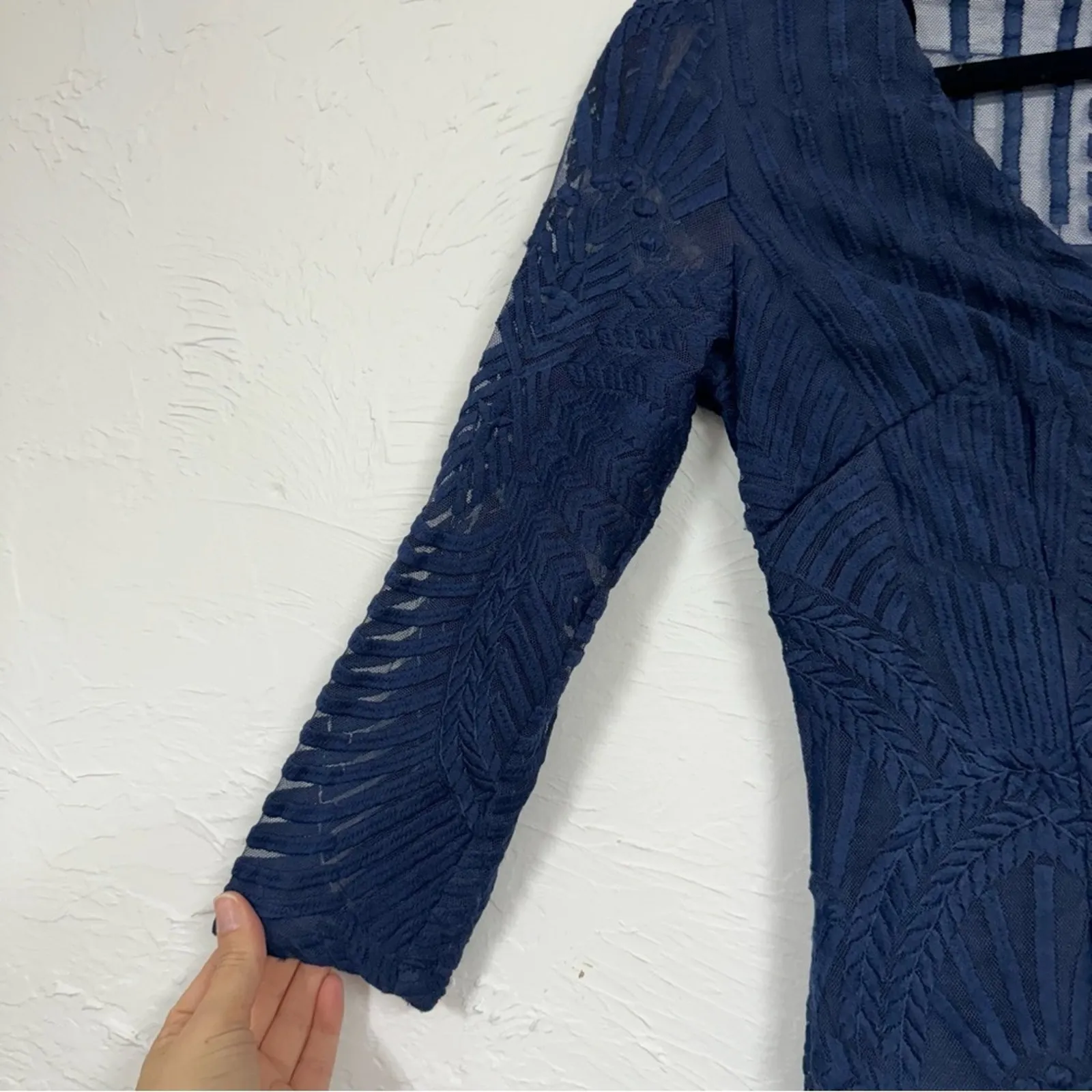 Hello Molly Blue Lace Sheath Dress Womens 6 Sheer Mini Ruffled 3/4 Sleeve Formal - Image 13