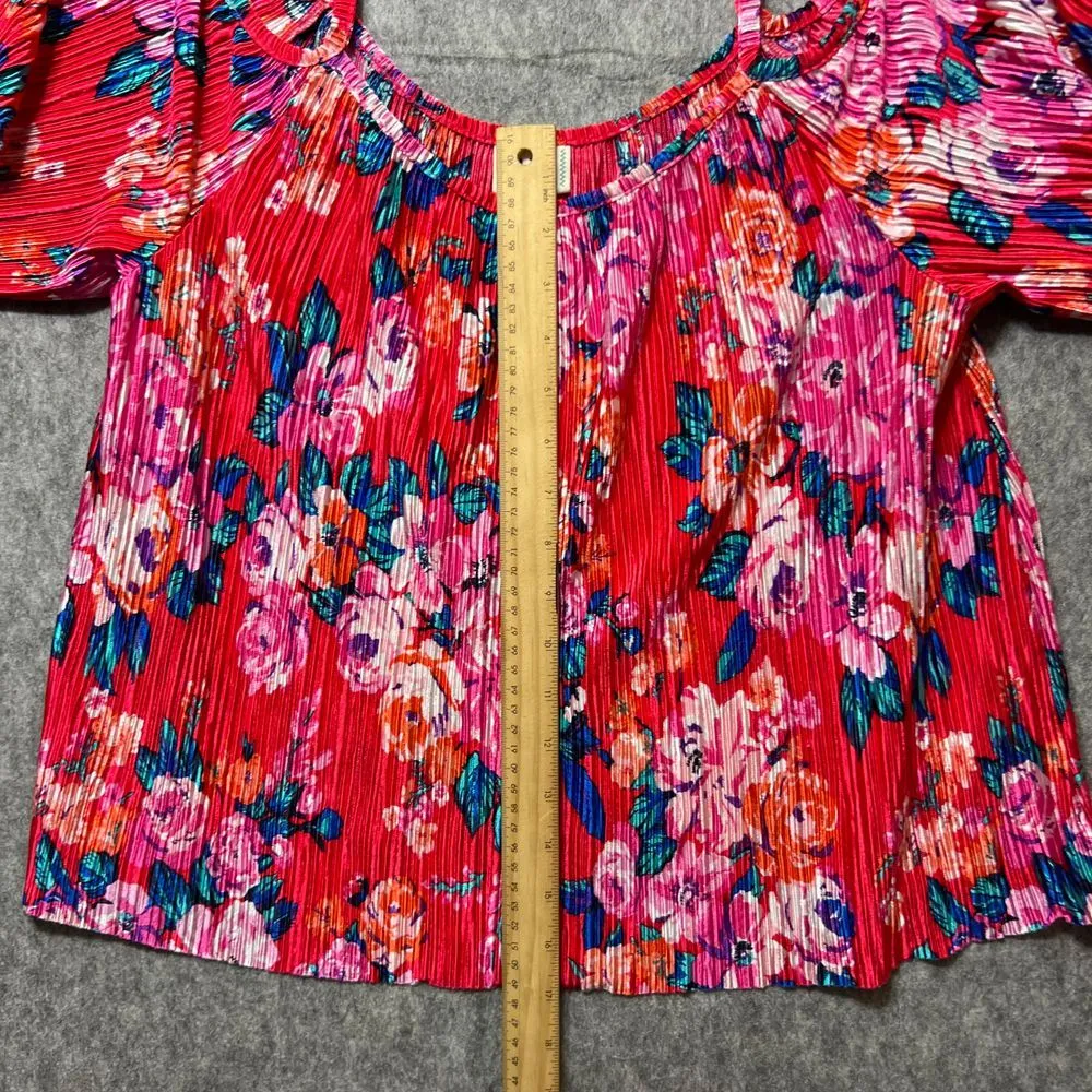 H.I.P. Floral Cold Shoulder Top Pleated Accordion Red Pink Summer Blouse Size‎ M - Image 4