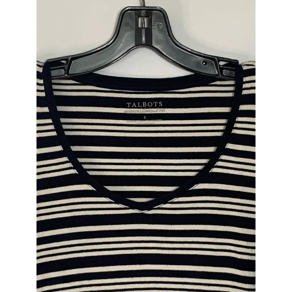 Talbots  Stretch Weekend Tee V Neck Navy Cream Stripe Size Small - Image 3