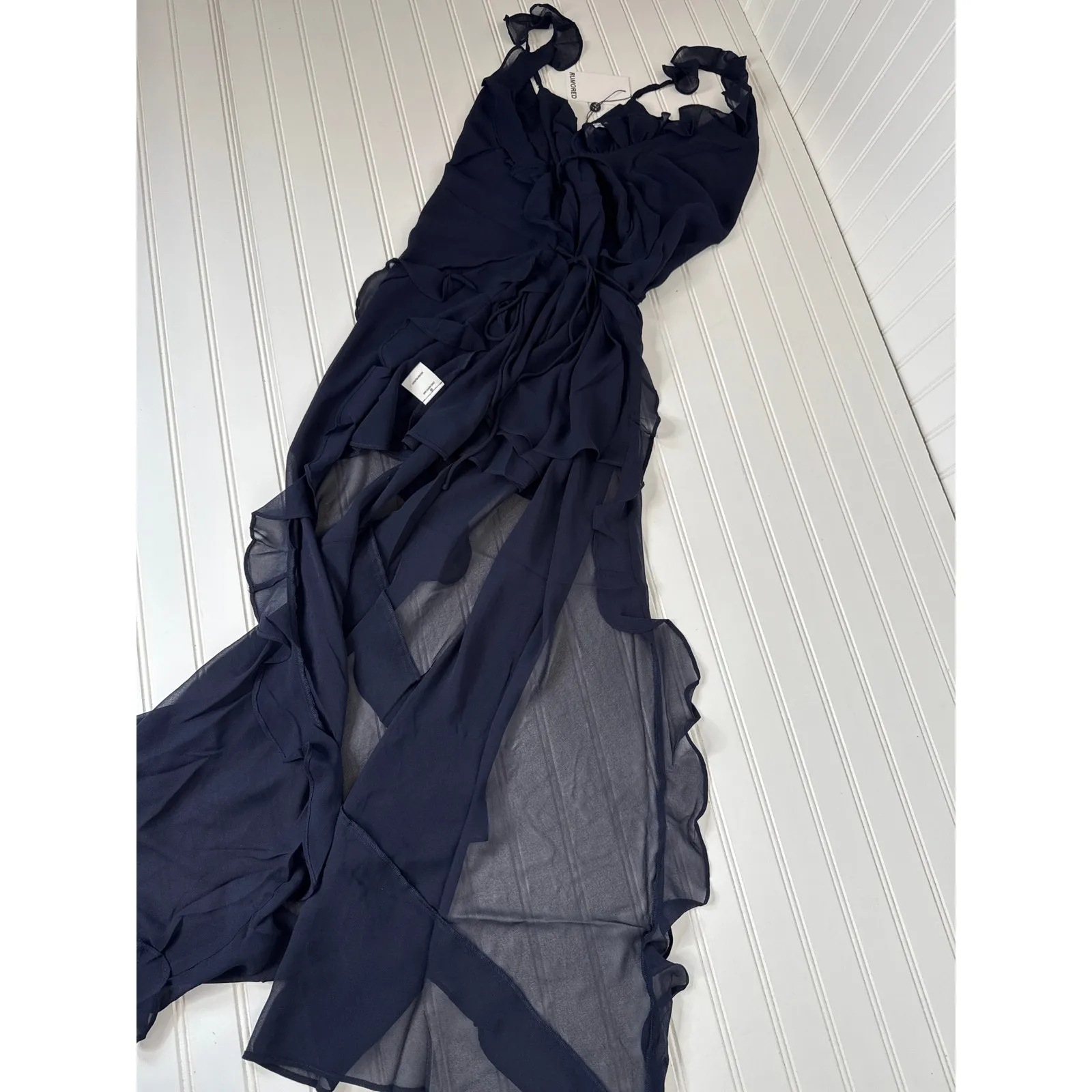 NWT Rumored Just Like Heaven Maxi Dress Navy Ruffled Party Gala Banquet Size S Black - Image 2