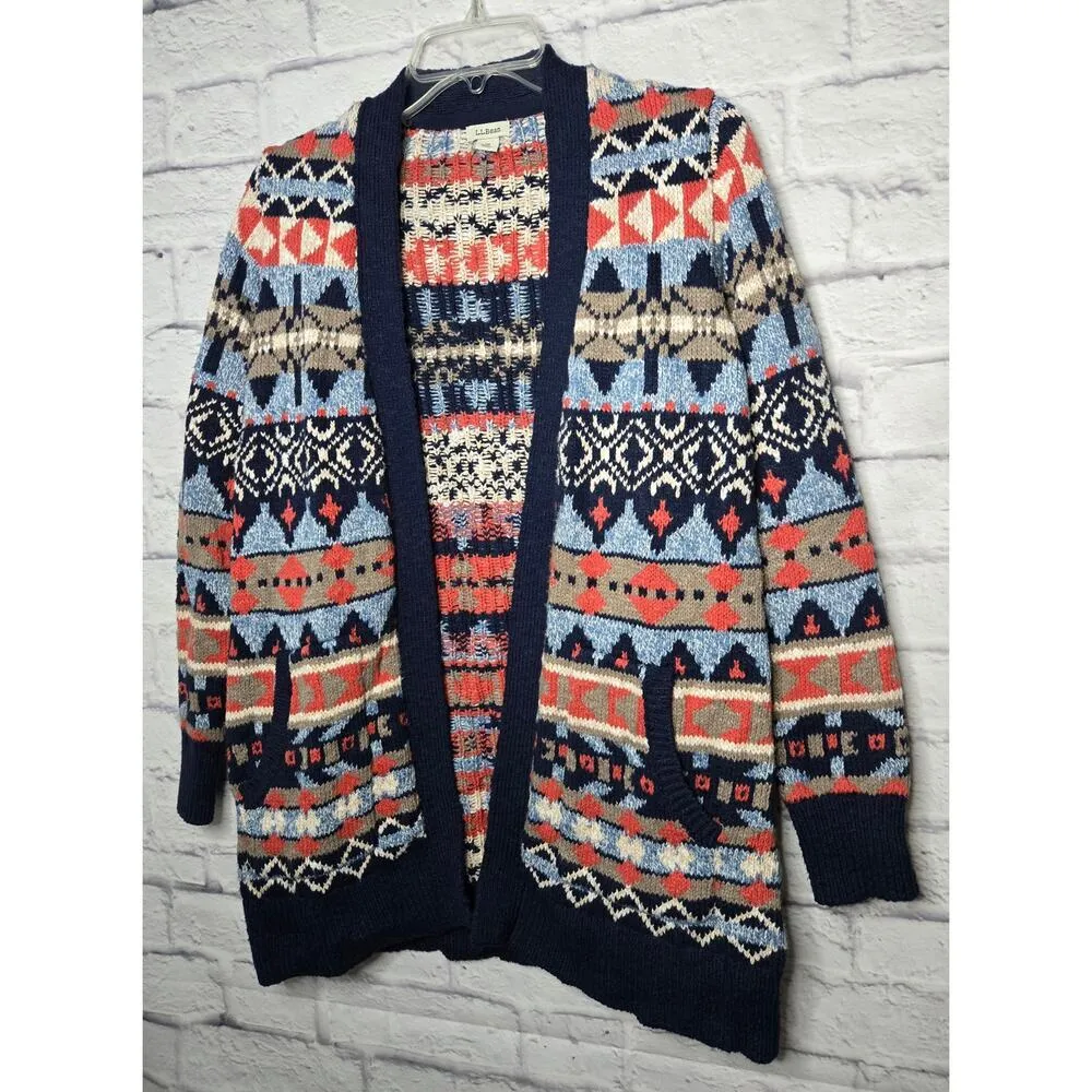 L.L.BEAN women's cotton fair isle western Aztec print knit cardigan MP. - Image 2