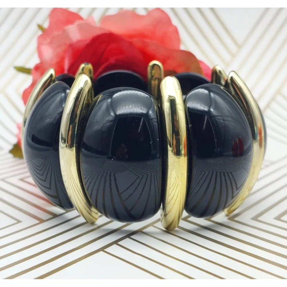 Lot of 3 Acrylic Statement Bracelets Stretch Wide Gold Tone Trim Blue Black Red - Image 5