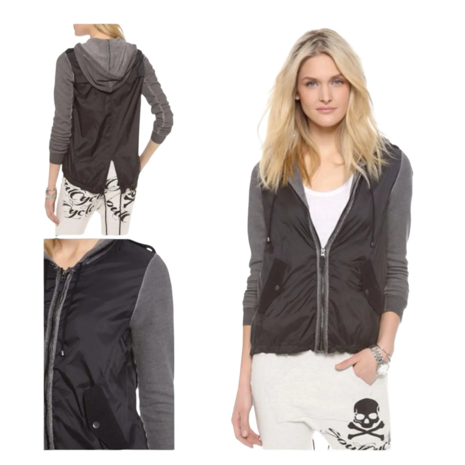 Free People Black Grey Hooded Zip Up Jacket Size Small - Image 5