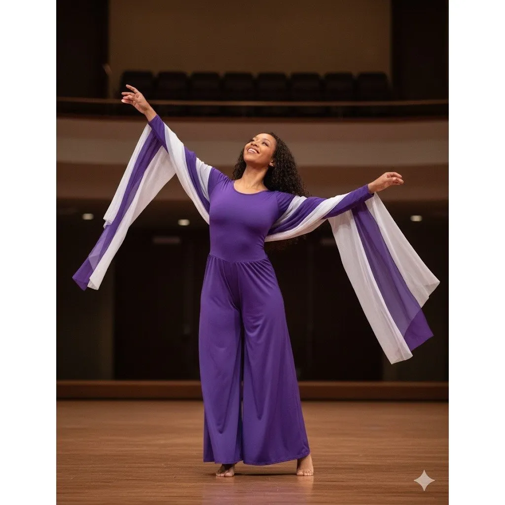 Body Wrappers Praise Dance Jumpsuit Size M Palazzo Pants Worship Purple Zip Back - Image 12